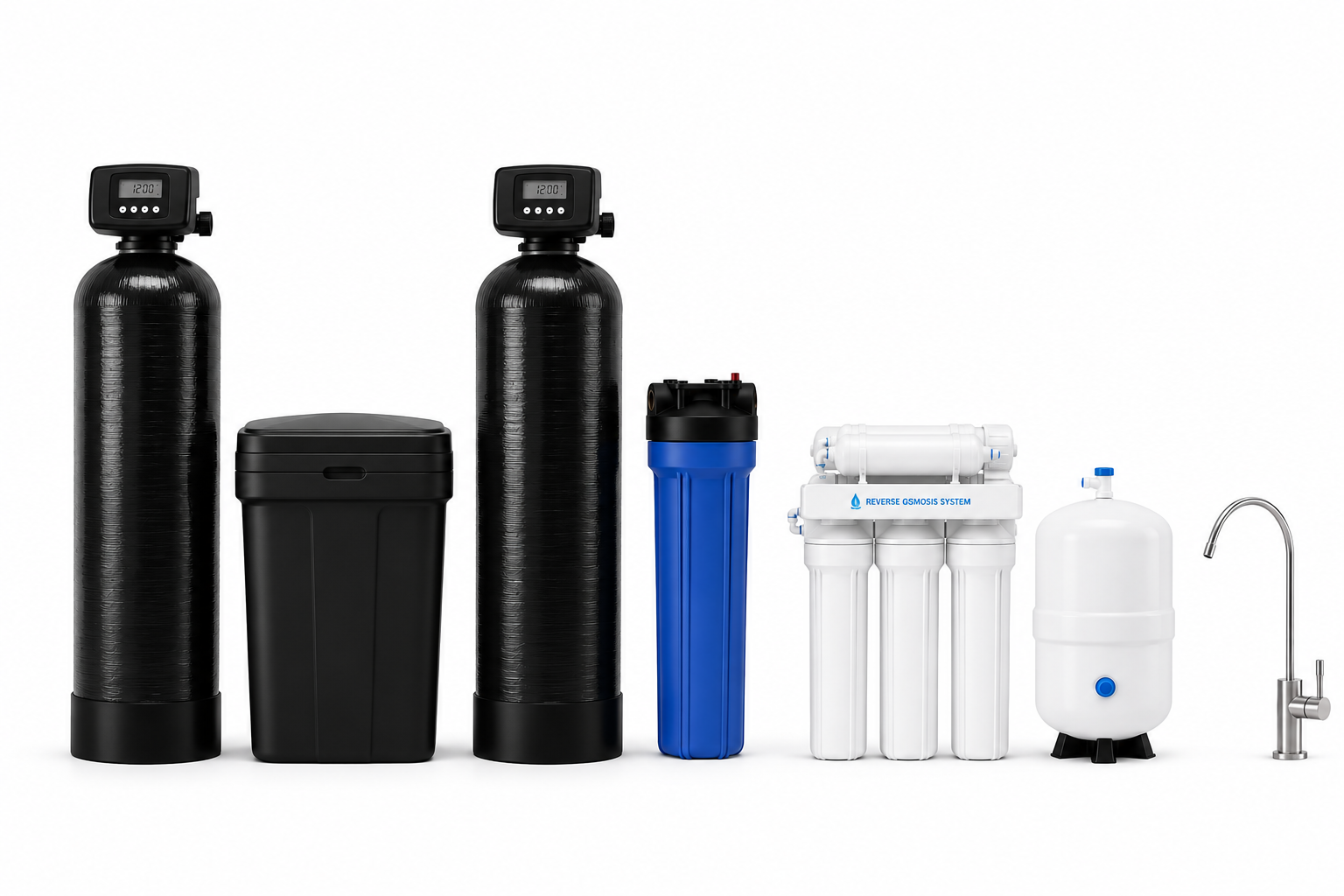 Pristine Whole Home Plus bundle: two dedicated black whole-home treatment tanks, brine tank, Big Blue sediment pre-filter, 6-stage reverse-osmosis system, RO storage tank, and contemporary faucet