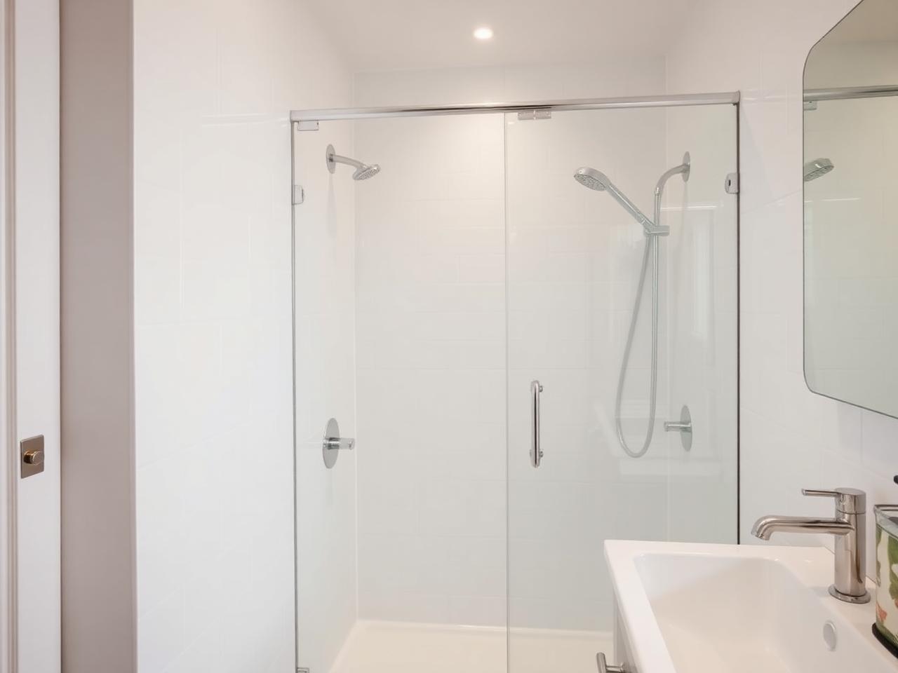 A bright bathroom with spotless glass and fixtures, free of hard-water spotting