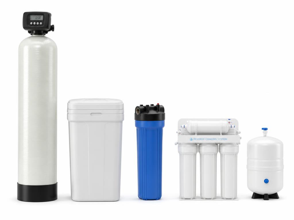 Pristine Economy bundle: one media tank with metered control valve, brine tank, Big Blue sediment housing, and a 5-stage reverse osmosis system