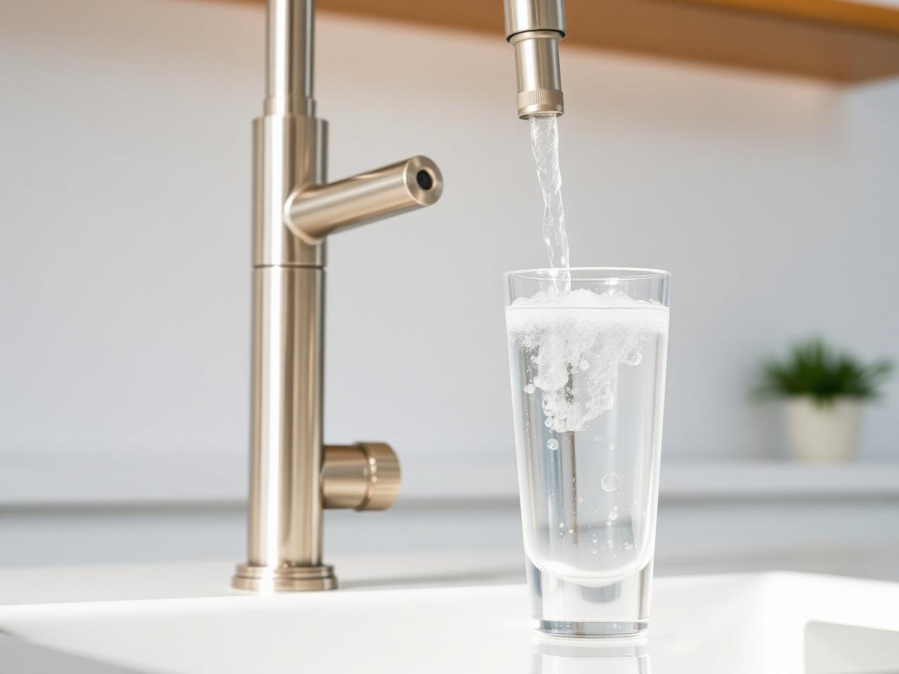 A contemporary reverse-osmosis faucet pouring filtered water into a glass